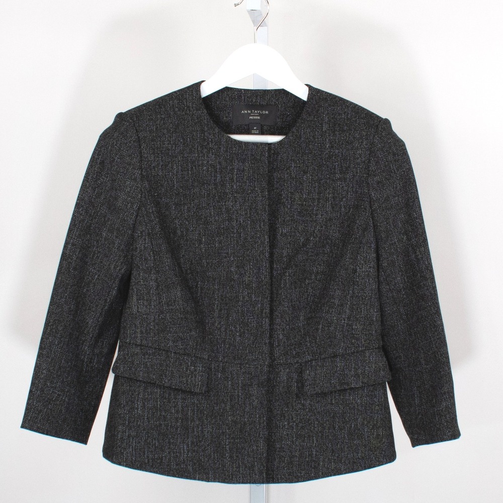 Ann Taylor‎ Factory Petite Black Charcoal Textured Collarless Blazer Jacket 8P